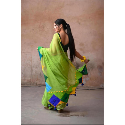 Isadora Life Womens Solid Tassels Green Pre-Draped Saree With Unstitched Blouse