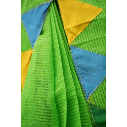 Isadora Life Womens Solid Tassels Green Pre-Draped Saree With Unstitched Blouse