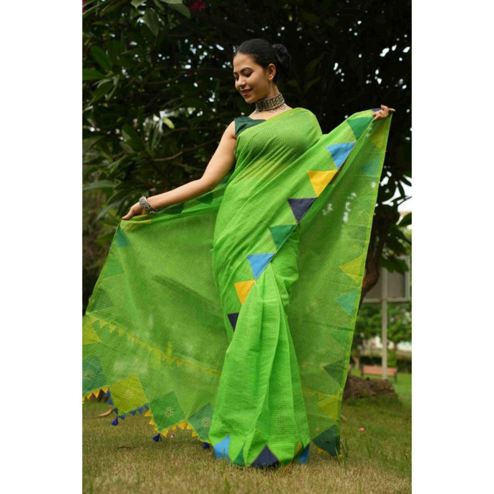 Isadora Life Womens Solid Tassels Green Pre-Draped Saree With Unstitched Blouse