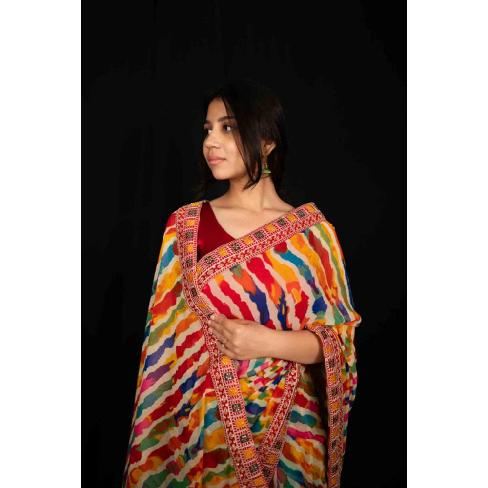 Isadora Life Womens Leheriya Multi-Color Pre-Draped Saree With Unstitched Blouse