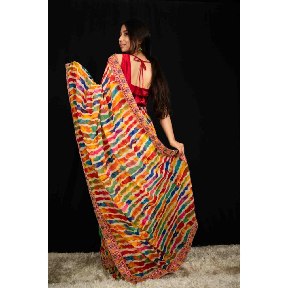 Isadora Life Womens Leheriya Multi-Color Pre-Draped Saree With Unstitched Blouse