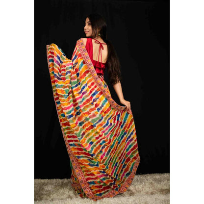 Isadora Life Womens Leheriya Multi-Color Pre-Draped Saree With Unstitched Blouse