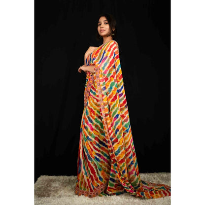 Isadora Life Womens Leheriya Multi-Color Pre-Draped Saree With Unstitched Blouse