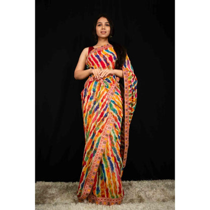 Isadora Life Womens Leheriya Multi-Color Pre-Draped Saree With Unstitched Blouse