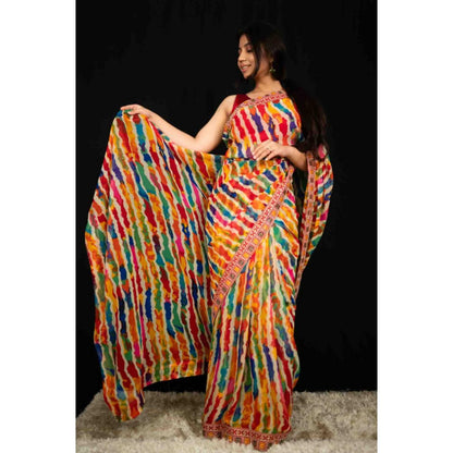 Isadora Life Womens Leheriya Multi-Color Pre-Draped Saree With Unstitched Blouse