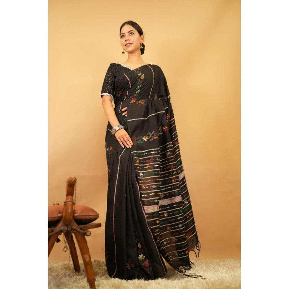 Isadora Life Womens Embroidered Tassels Black Pre-Draped Saree With Unstitched Blouse