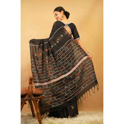 Isadora Life Womens Embroidered Tassels Black Pre-Draped Saree With Unstitched Blouse