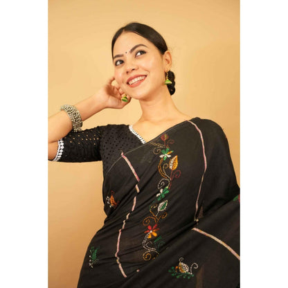 Isadora Life Womens Embroidered Tassels Black Pre-Draped Saree With Unstitched Blouse