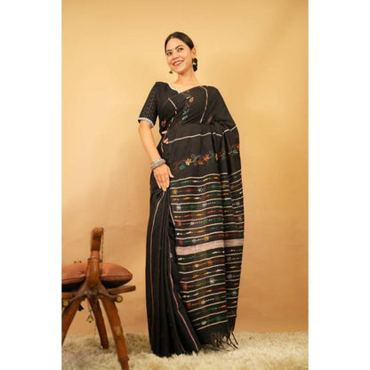 Isadora Life Womens Embroidered Tassels Black Pre-Draped Saree With Unstitched Blouse