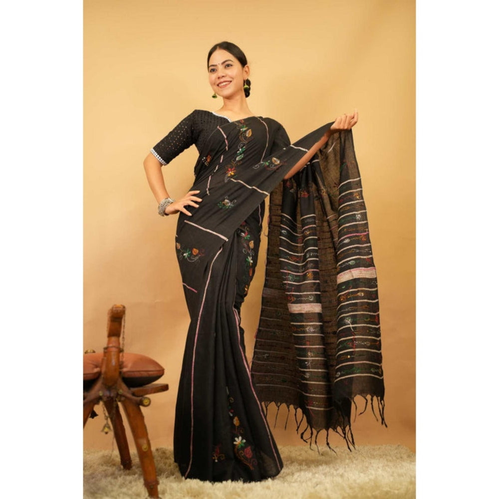 Isadora Life Womens Embroidered Tassels Black Pre-Draped Saree With Unstitched Blouse