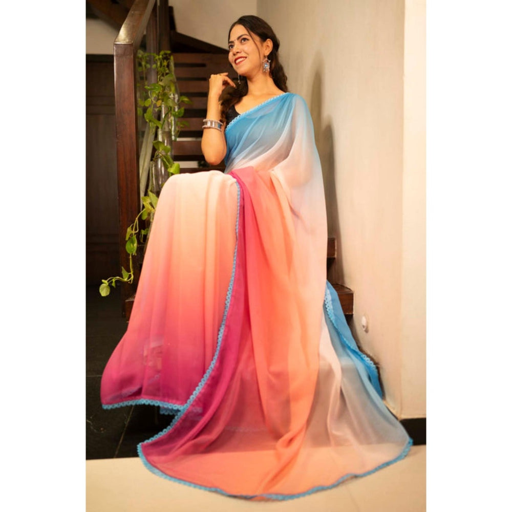 Isadora Life Womens Ombre Lace Work Multi-Color Pre-Draped Saree With Unstitched Blouse