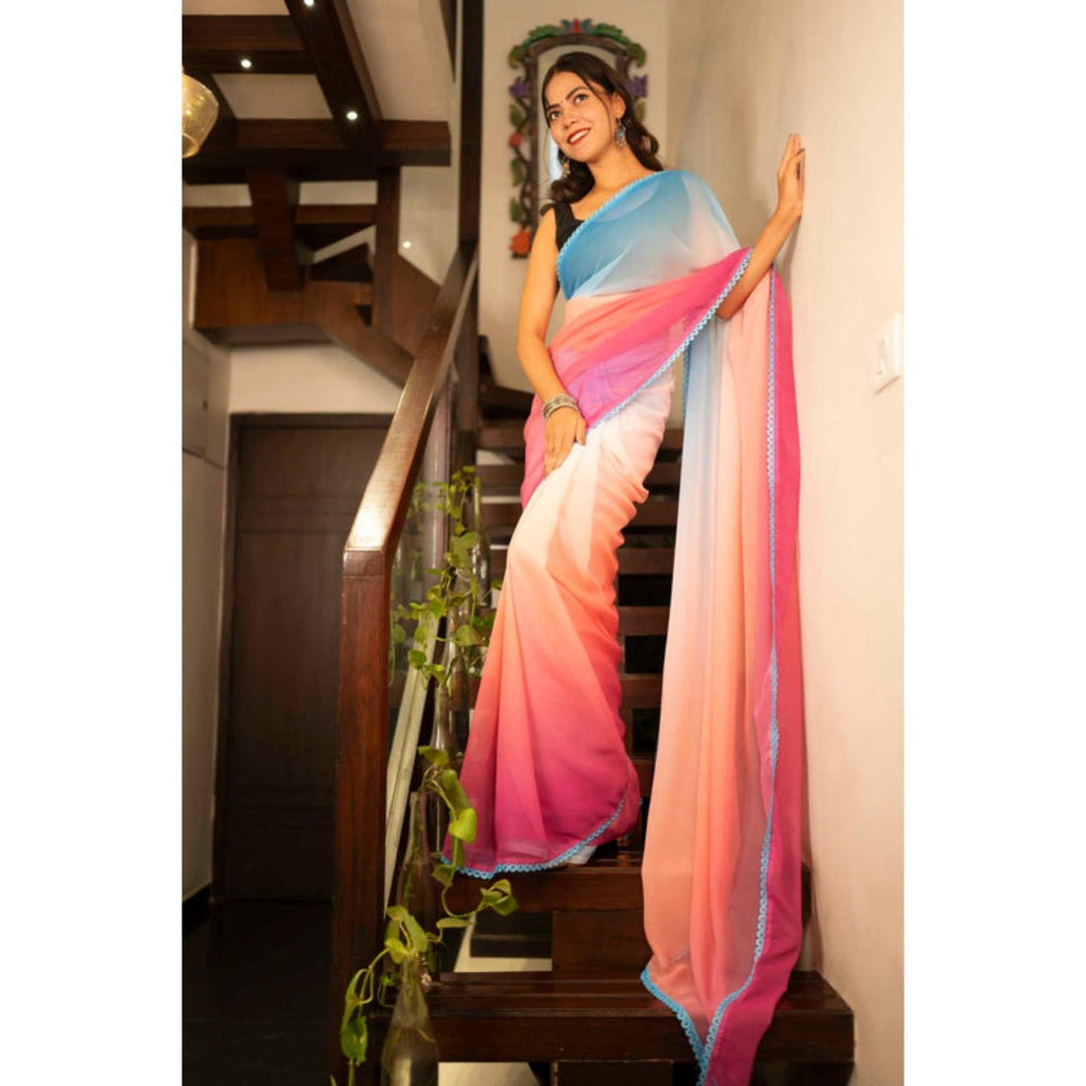 Isadora Life Womens Ombre Lace Work Multi-Color Pre-Draped Saree With Unstitched Blouse