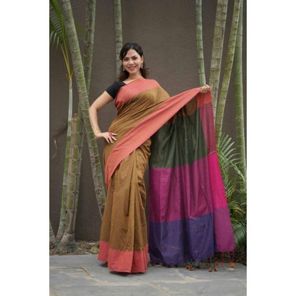 Isadora Life Womens Colorblock Tassels Multi-Color Pre-Draped Saree With Unstitched Blouse