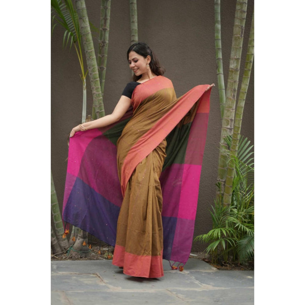 Isadora Life Womens Colorblock Tassels Multi-Color Pre-Draped Saree With Unstitched Blouse