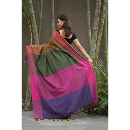 Isadora Life Womens Colorblock Tassels Multi-Color Pre-Draped Saree With Unstitched Blouse