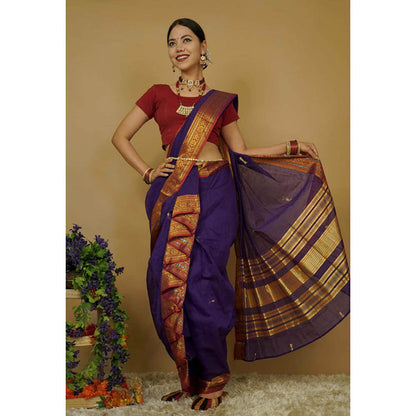 Isadora Life Womens Woven Zari Purple Pre-Draped Saree With Unstitched Blouse