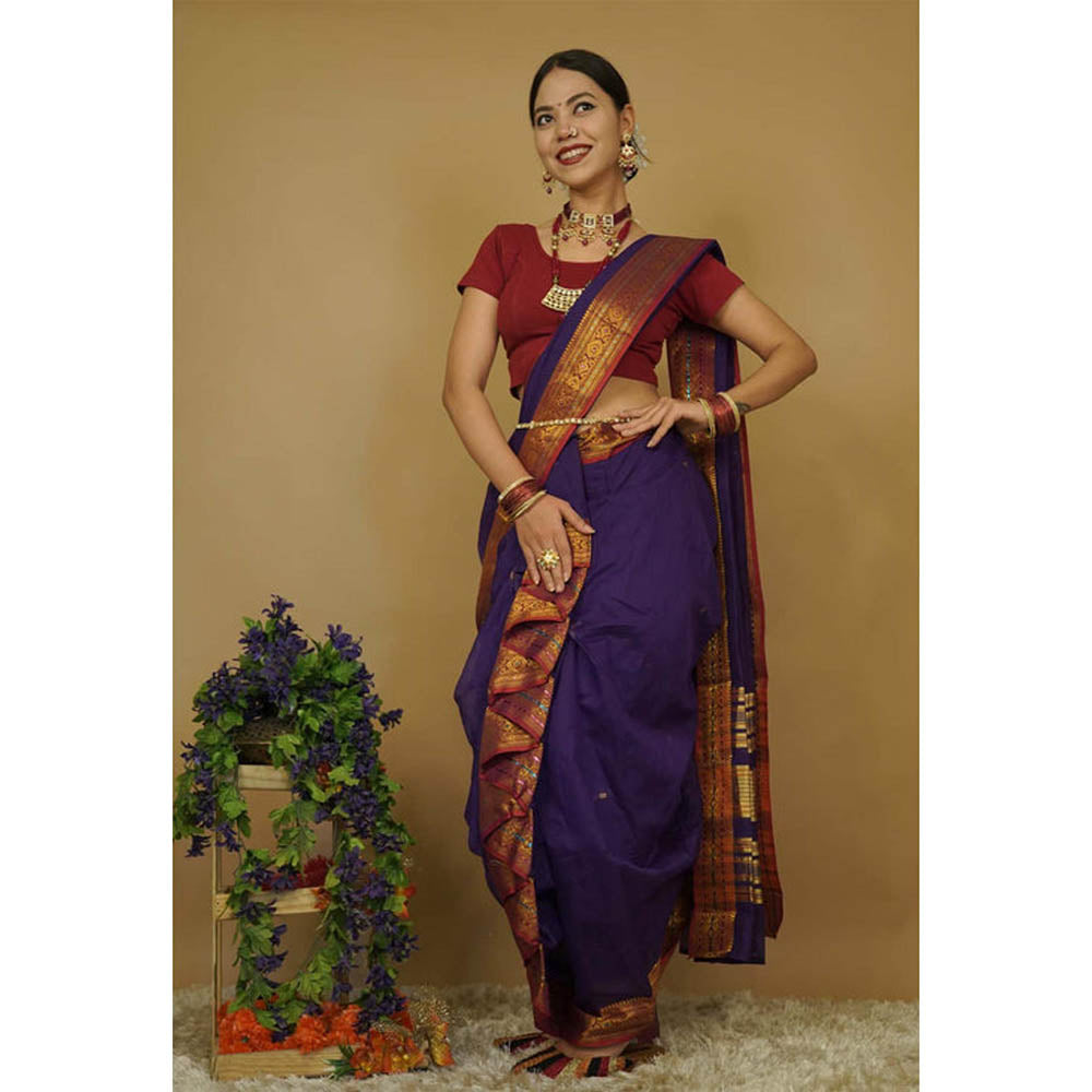 Isadora Life Womens Woven Zari Purple Pre-Draped Saree With Unstitched Blouse