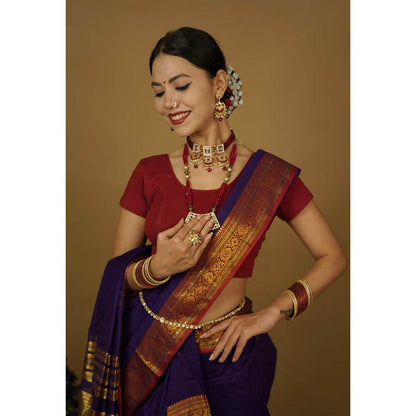 Isadora Life Womens Woven Zari Purple Pre-Draped Saree With Unstitched Blouse