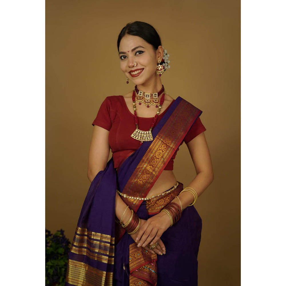 Isadora Life Womens Woven Zari Purple Pre-Draped Saree With Unstitched Blouse