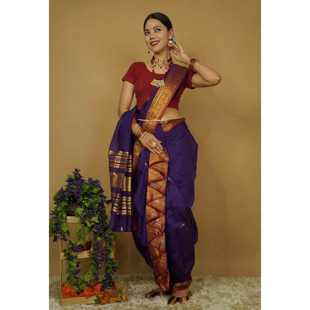 Isadora Life Womens Woven Zari Purple Pre-Draped Saree With Unstitched Blouse