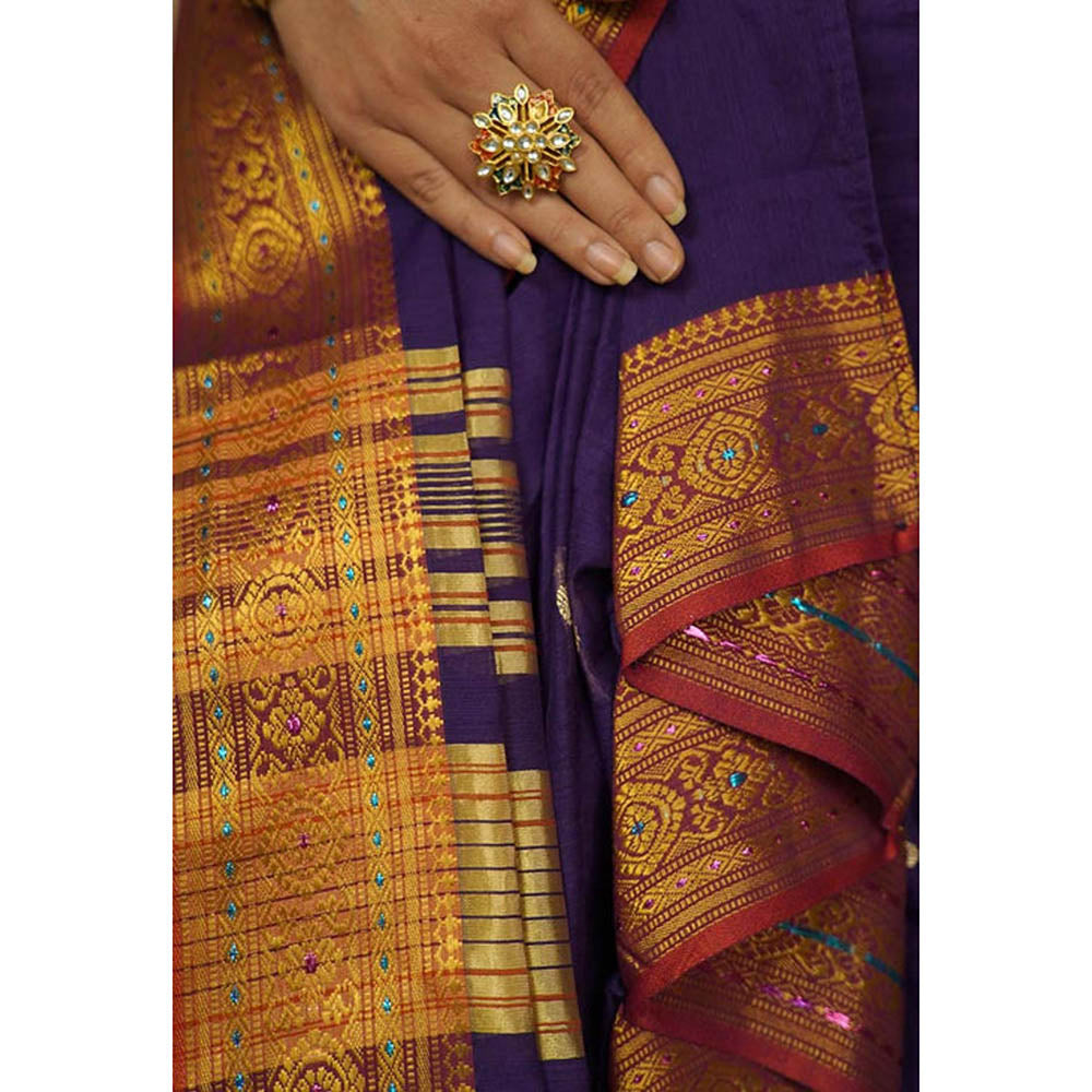 Isadora Life Womens Woven Zari Purple Pre-Draped Saree With Unstitched Blouse