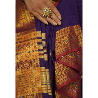 Isadora Life Womens Woven Zari Purple Pre-Draped Saree With Unstitched Blouse