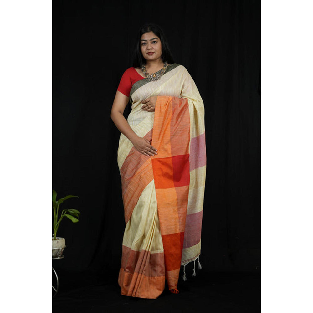Isadora Life Womens Woven Tassels Cream Pre-Draped Saree With Unstitched Blouse