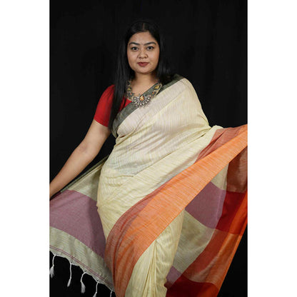 Isadora Life Womens Woven Tassels Cream Pre-Draped Saree With Unstitched Blouse