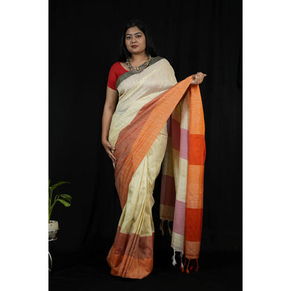 Isadora Life Womens Woven Tassels Cream Pre-Draped Saree With Unstitched Blouse