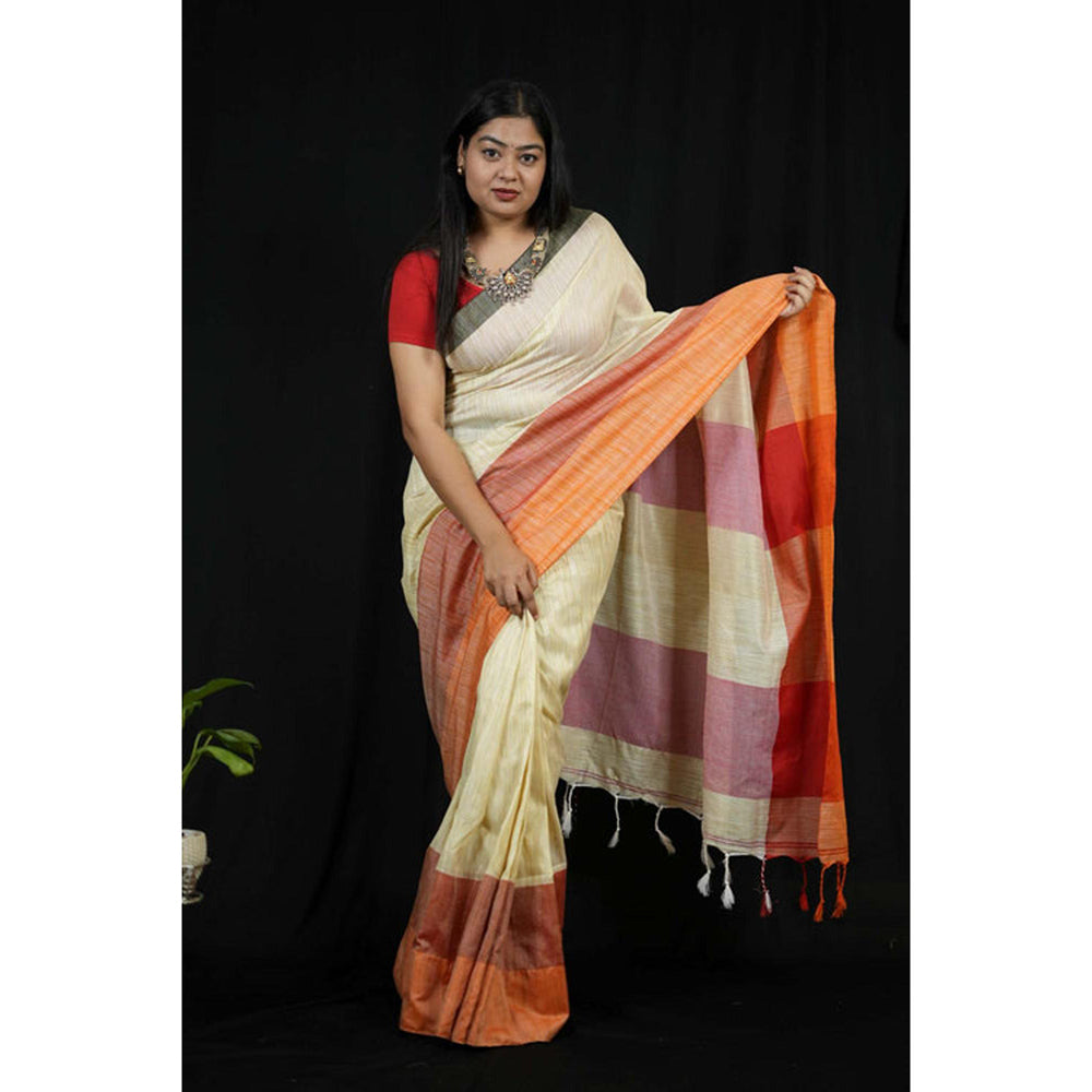 Isadora Life Womens Woven Tassels Cream Pre-Draped Saree With Unstitched Blouse