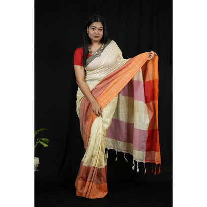 Isadora Life Womens Woven Tassels Cream Pre-Draped Saree With Unstitched Blouse