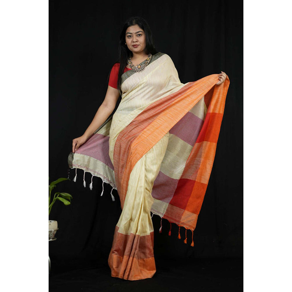 Isadora Life Womens Woven Tassels Cream Pre-Draped Saree With Unstitched Blouse