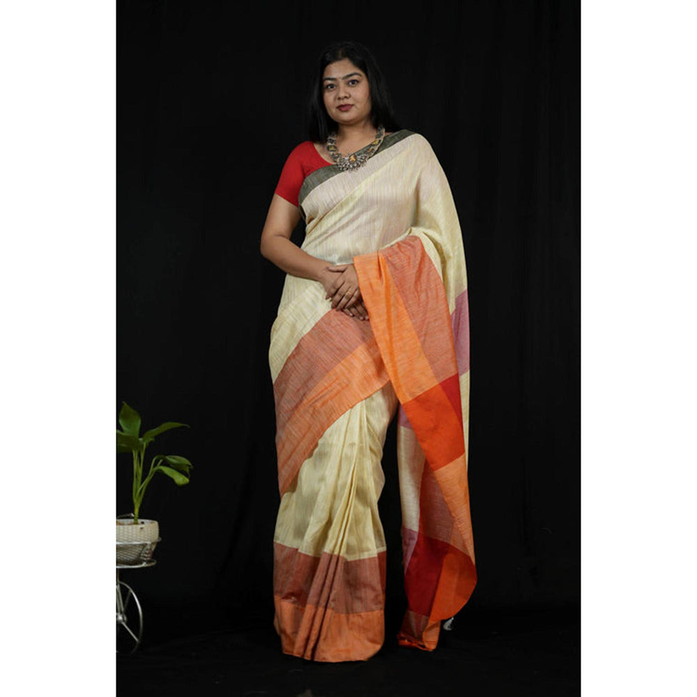 Isadora Life Womens Woven Tassels Cream Pre-Draped Saree With Unstitched Blouse