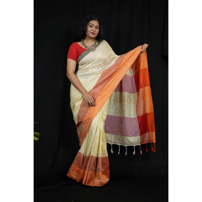 Isadora Life Womens Woven Tassels Cream Pre-Draped Saree With Unstitched Blouse