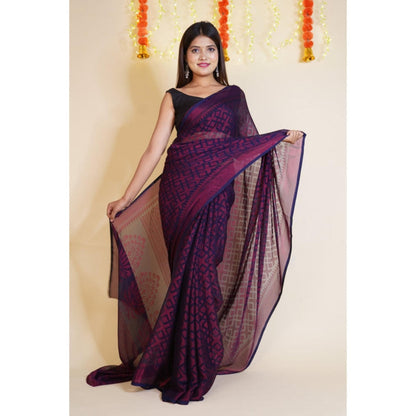 Isadora Life Womens Printed Purple Pre-Draped Saree With Unstitched Blouse