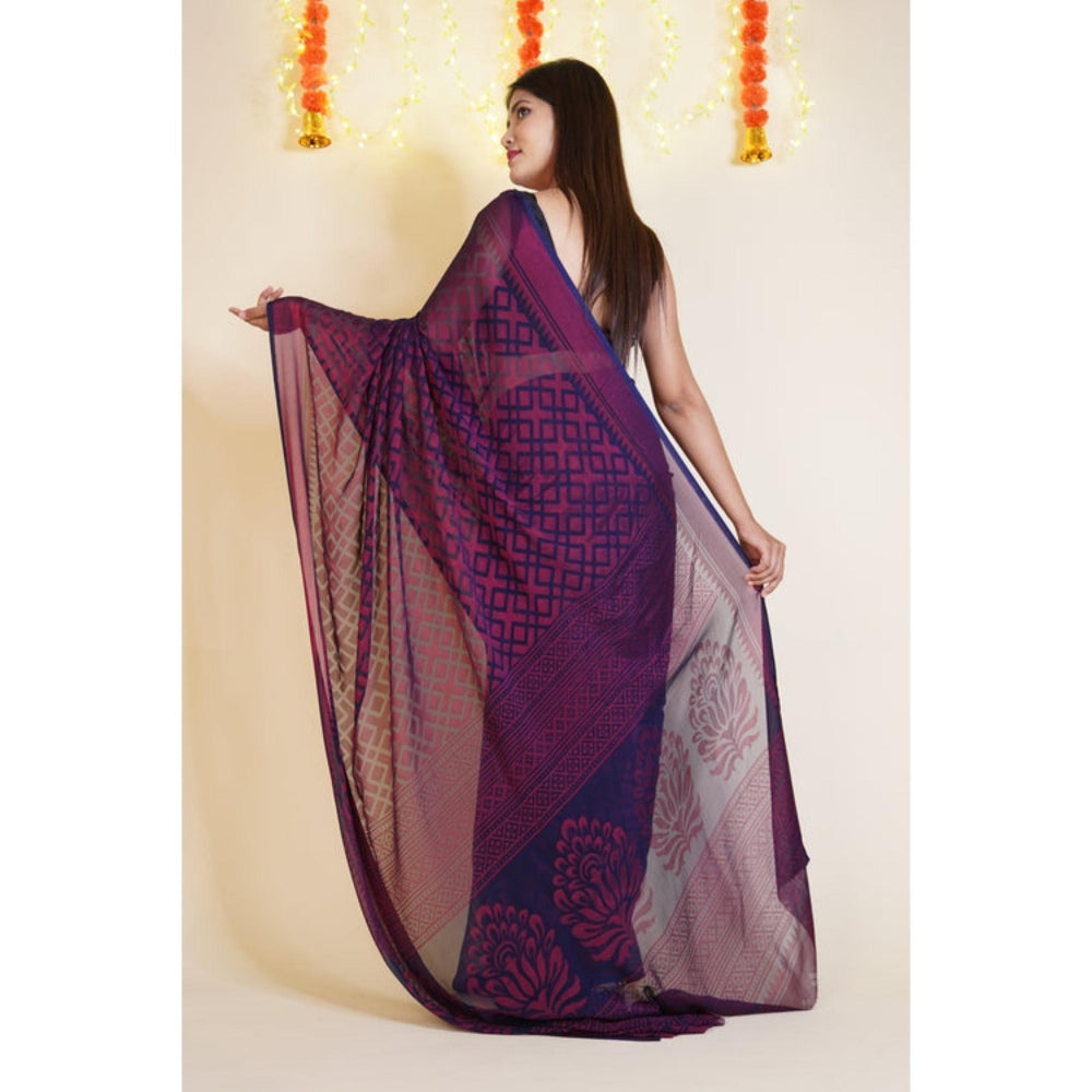 Isadora Life Womens Printed Purple Pre-Draped Saree With Unstitched Blouse