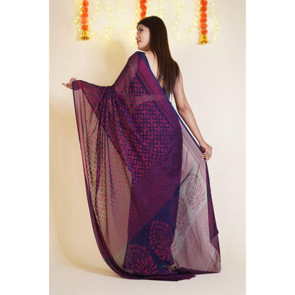 Isadora Life Womens Printed Purple Pre-Draped Saree With Unstitched Blouse