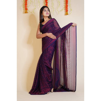Isadora Life Womens Printed Purple Pre-Draped Saree With Unstitched Blouse