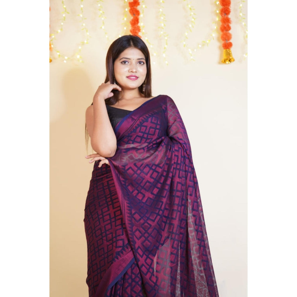 Isadora Life Womens Printed Purple Pre-Draped Saree With Unstitched Blouse