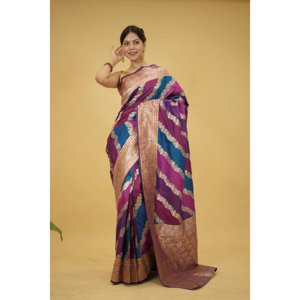 Isadora Life Womens Woven Zari Multi-Color Pre-Draped Saree With Unstitched Blouse