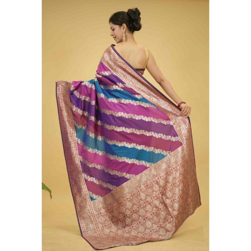 Isadora Life Womens Woven Zari Multi-Color Pre-Draped Saree With Unstitched Blouse