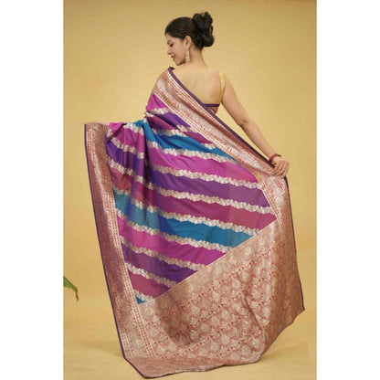 Isadora Life Womens Woven Zari Multi-Color Pre-Draped Saree With Unstitched Blouse