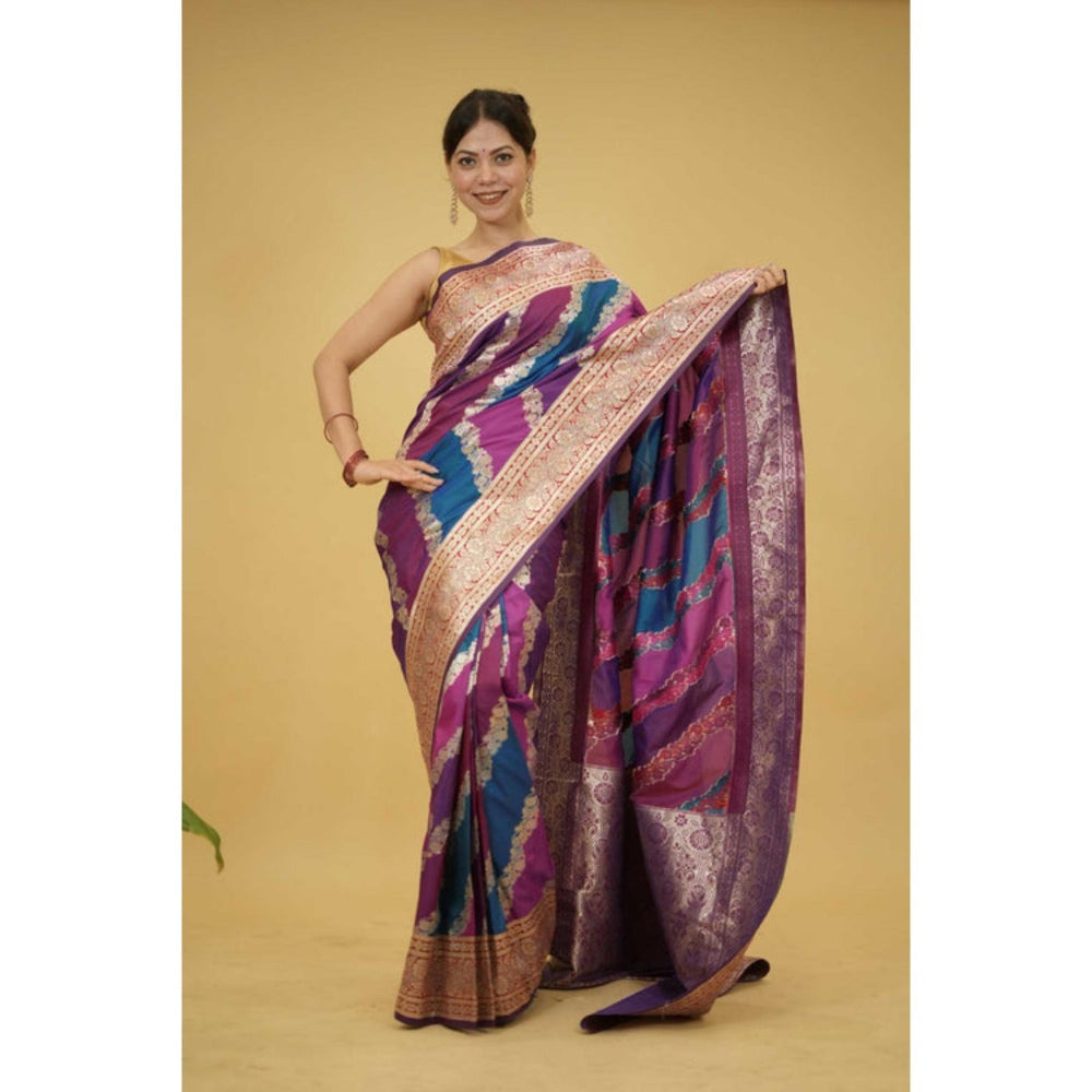 Isadora Life Womens Woven Zari Multi-Color Pre-Draped Saree With Unstitched Blouse
