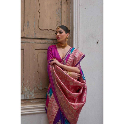 Isadora Life Womens Woven Zari Multi-Color Pre-Draped Saree With Unstitched Blouse