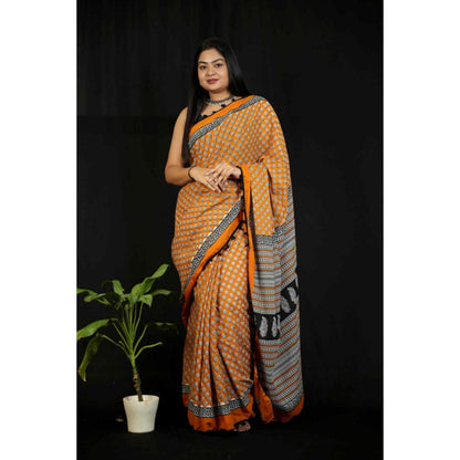 Isadora Life Womens Block Print Mustard Pre-Draped Saree With Unstitched Blouse