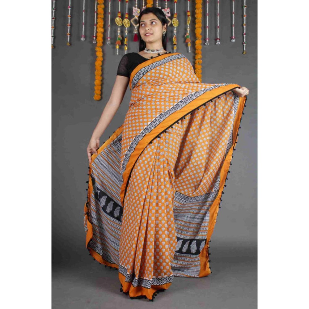 Isadora Life Womens Block Print Mustard Pre-Draped Saree With Unstitched Blouse