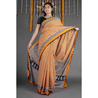 Isadora Life Womens Block Print Mustard Pre-Draped Saree With Unstitched Blouse