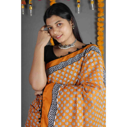 Isadora Life Womens Block Print Mustard Pre-Draped Saree With Unstitched Blouse