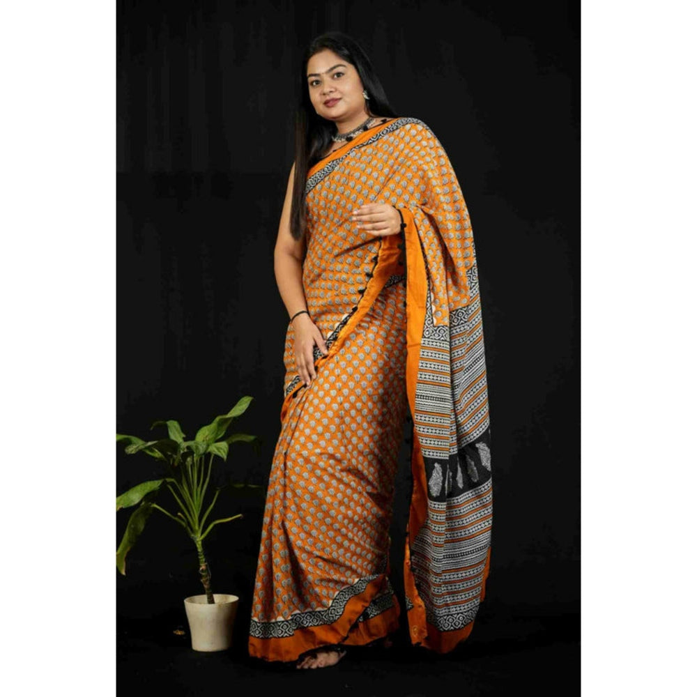 Isadora Life Womens Block Print Mustard Pre-Draped Saree With Unstitched Blouse
