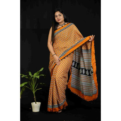 Isadora Life Womens Block Print Mustard Pre-Draped Saree With Unstitched Blouse